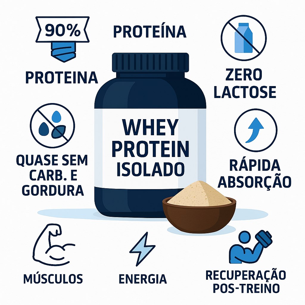 Cena realista de academia com iluminação moderna: um atleta segurando um scoop de pó branco com rótulo 'Whey Protein Isolado'. Ao fundo, destaque visual em painel digital com ícones e textos: 'Alta concentração de proteína (90%)', 'Zero lactose', 'Baixo carboidrato e gordura', 'Absorção rápida'. Estilo clean, profissional e inspirador, com foco em saúde e performance.