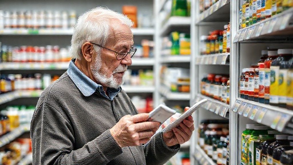 Pessoa idosa examinando rótulos de suplementos em uma prateleira de farmácia ou loja de produtos naturais