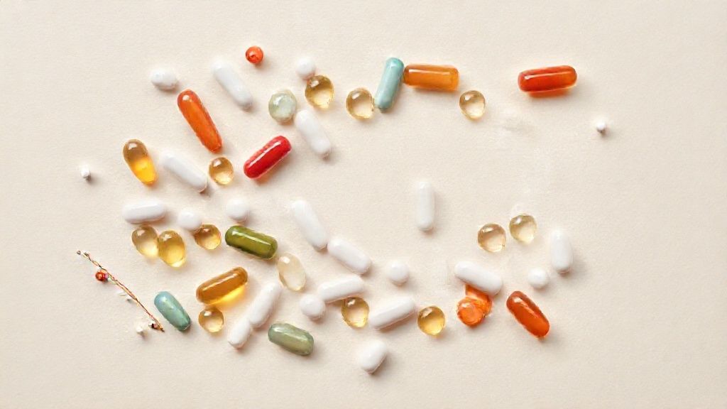 Cápsulas e vitaminas de diversos tipos em um fundo neutro, dispostas de forma organizada, com luz suave