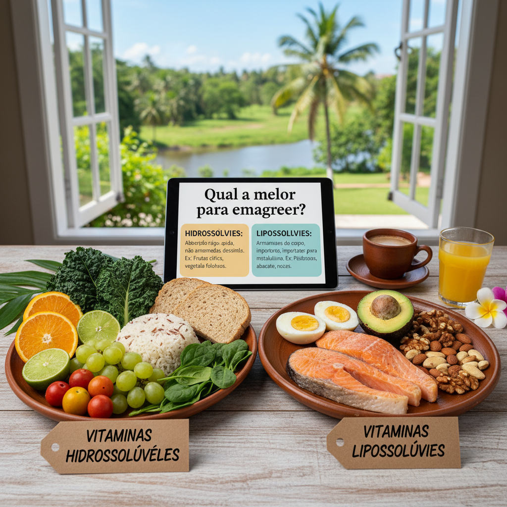 vitamina hidrossolúvel ou lipossolúvel qual melhor para emagrecer - Uma comparação visual de alimentos ricos em vitaminas hidrossolúveis (frutas cítricas, vegetais folhosos, grãos integrais) e lipossolúveis (peixes gordurosos, ovos, abacate, nozes) em pratos separados, com rótulos indicando a classificação. vitamina hidrossolúvel ou lipossolúvel qual melhor para emagrecer