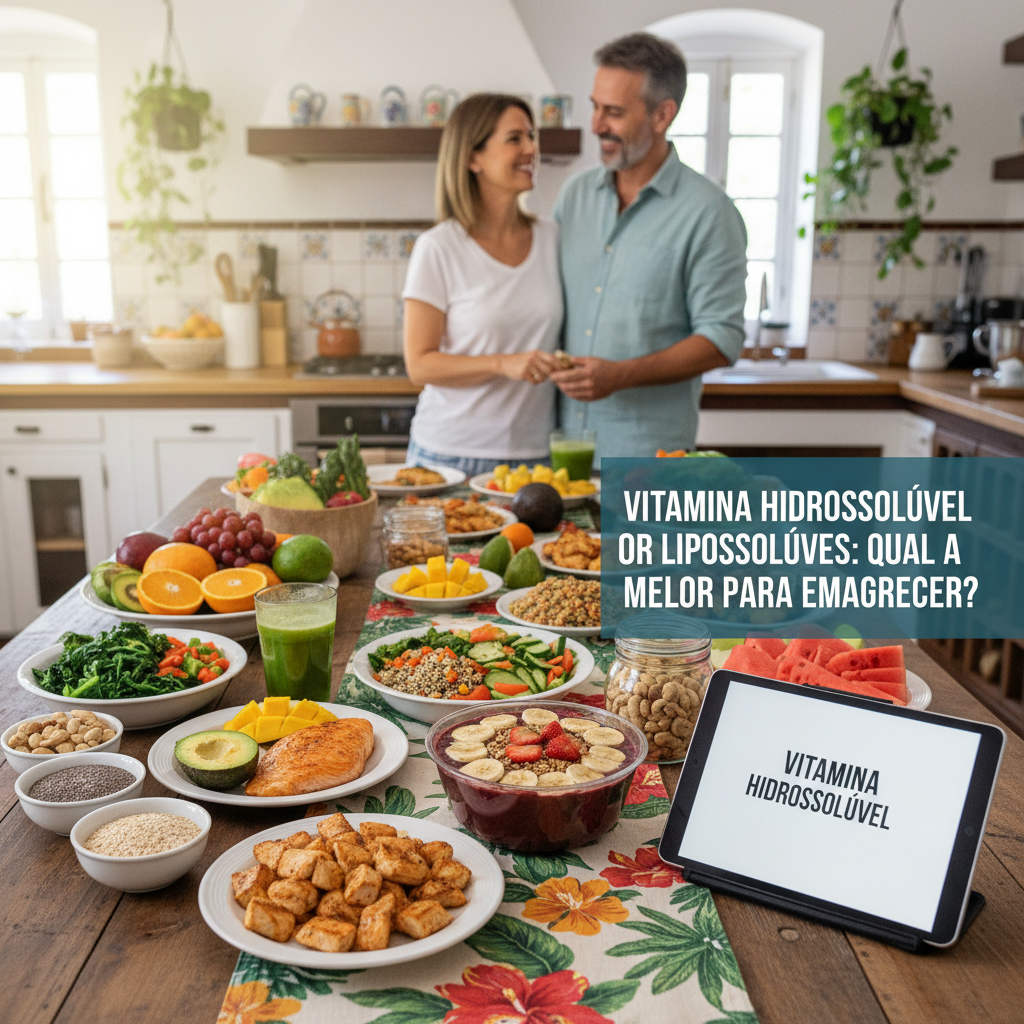 vitamina hidrossolúvel ou lipossolúvel qual melhor para emagrecer - Uma mesa farta com uma variedade de alimentos saudáveis e coloridos (frutas, vegetais, proteínas magras, grãos integrais) dispostos de forma apetitosa. vitamina hidrossolúvel ou lipossolúvel qual melhor para emagrecer