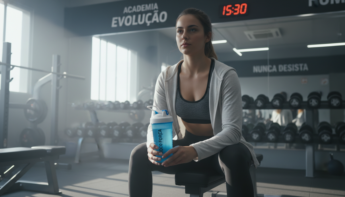 pré treino sem estimulantes para mulheres que têm ansiedade e emagrecem - [Mulher jovem na academia, sentada no banco de supino, segurando uma garrafa shaker, com expressão serena, focada e confiante, sem suor excessivo ou sinais de desconforto]