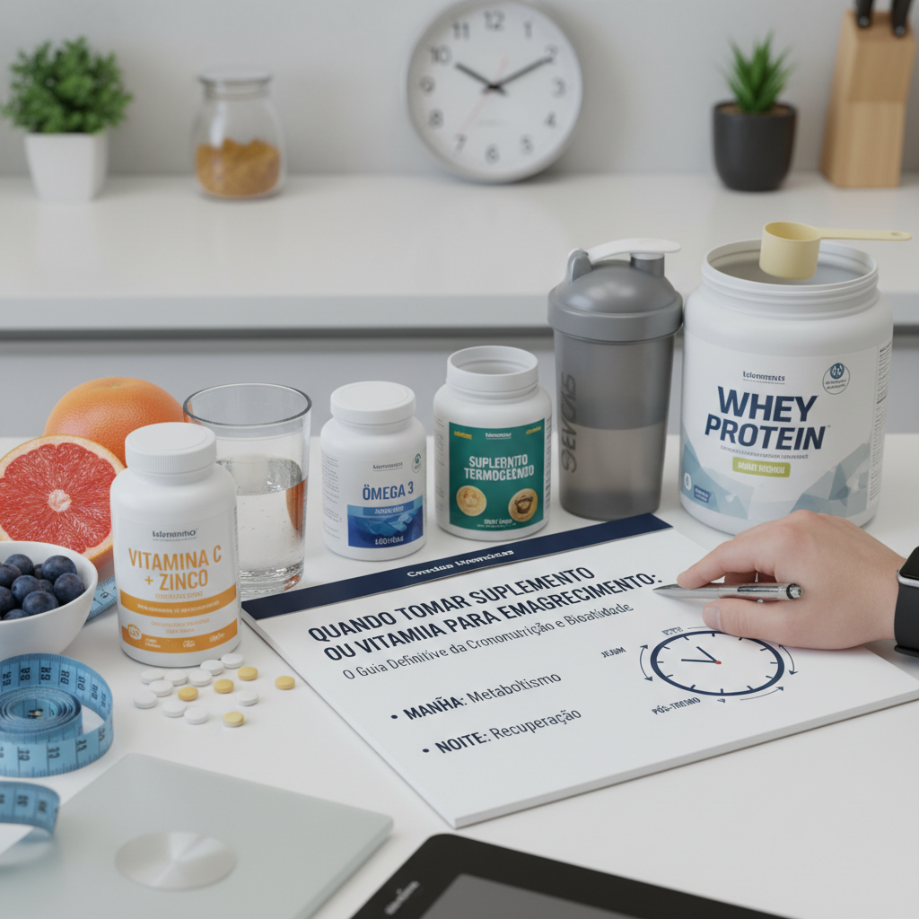 quando tomar suplemento ou vitamina para emagrecimento - Imagem de destaque: Quando Tomar Suplemento ou Vitamina para Emagrecimento: O Guia Definitivo da Crononutrição e Bioatividade