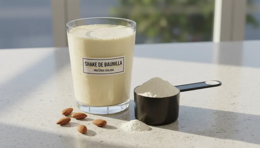 como tomar whey para emagrecer - Uma fotografia em alta resolução de um copo de vidro com um shake de whey protein sabor baunilha, ao lado de um medidor (scoop) preto cheio de pó, sobre uma bancada de granito claro com algumas amêndoas ao redor, iluminação natural de manhã.