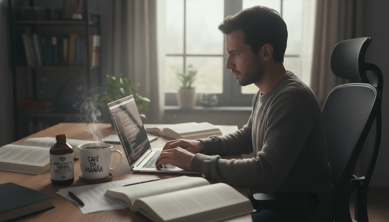 vale a pena tomar suplemento para foco? - Fotografia em alta resolução de uma pessoa estudando ou trabalhando intensamente em um notebook, com uma xícara de café e um frasco de suplemento natural ao lado. Iluminação suave e foco na clareza e concentração do indivíduo.