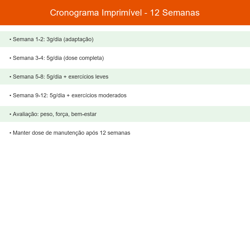 Tabela imprimível com o cronograma completo de 12 semanas de suplementação de creatina