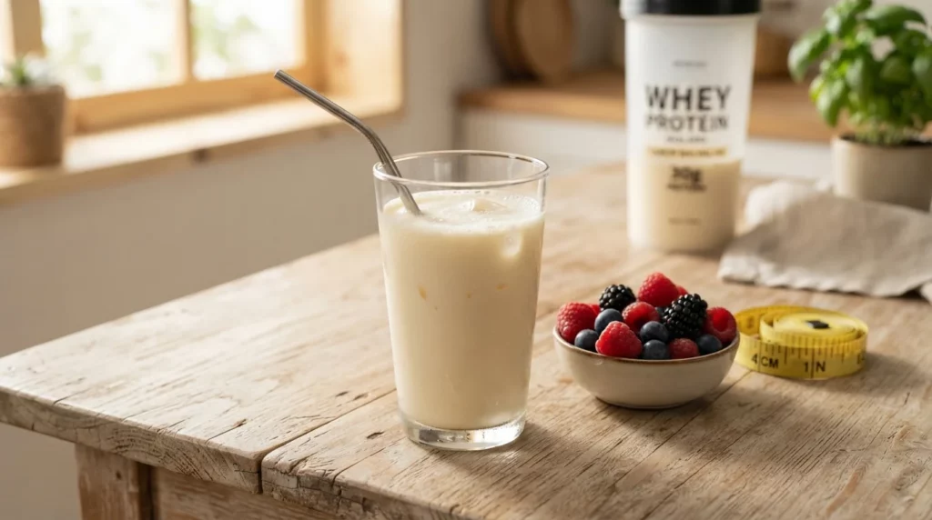 Qual Whey Protein Para Emagrecer - Um copo de vidro transparente contendo shake de whey protein isolado sabor baunilha, posicionado em uma mesa rústica de madeira clara, ao lado de uma fita métrica amarela enrolada e um pequeno pote com frutas vermelhas frescas.