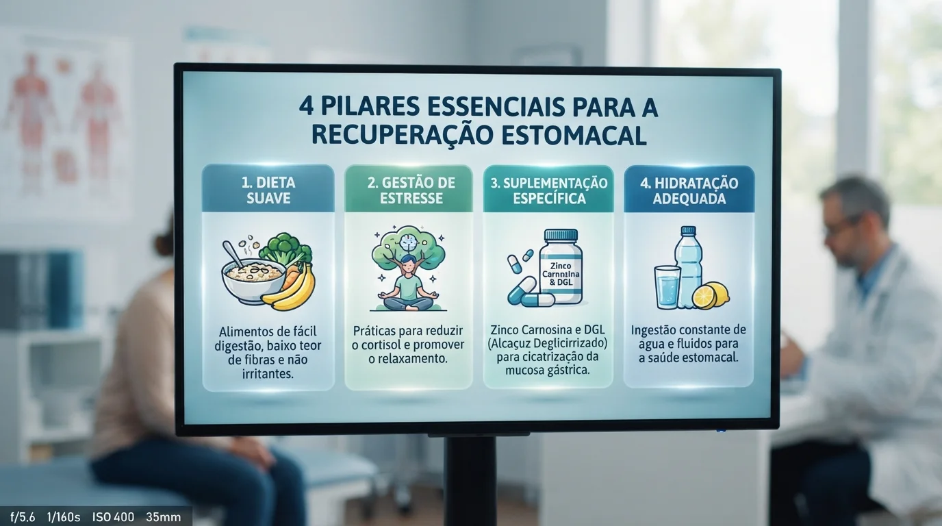 suplemento para gastrite - Infográfico moderno, limpo e em português do Brasil com ícones vetoriais explicando os 4 pilares da recuperação estomacal: 1) Dieta Suave, 2) Gestão de Estresse, 3) Suplementação (Zinco Carnosina/DGL) e 4) Hidratação Adequada.