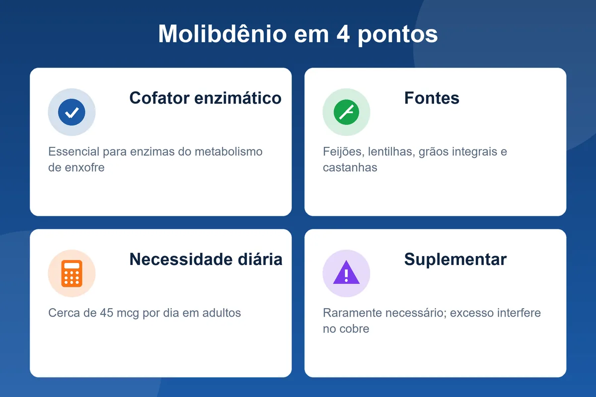 Molibdênio: cofator enzimático, fontes alimentares, necessidade diária de 45 mcg e risco do excesso