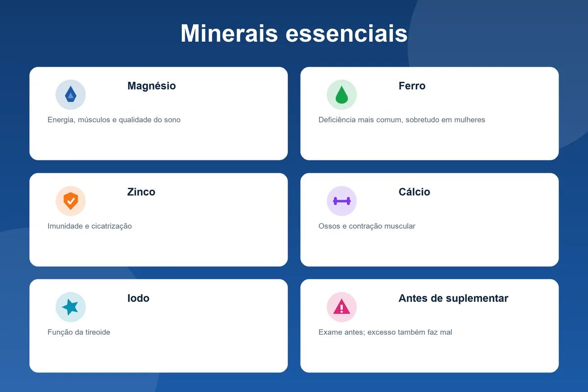 Infográfico dos minerais essenciais: magnésio, ferro, zinco, cálcio e iodo com alerta para exames antes de suplementar
