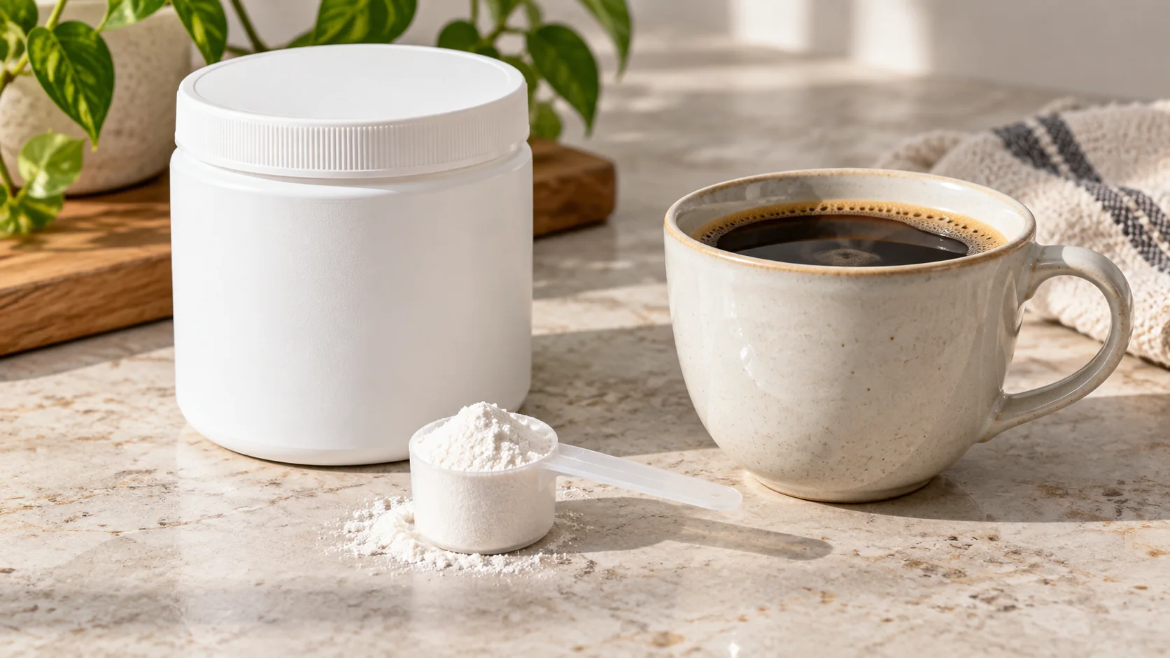 Creatina em po com dosador ao lado de uma xicara de cafe preto