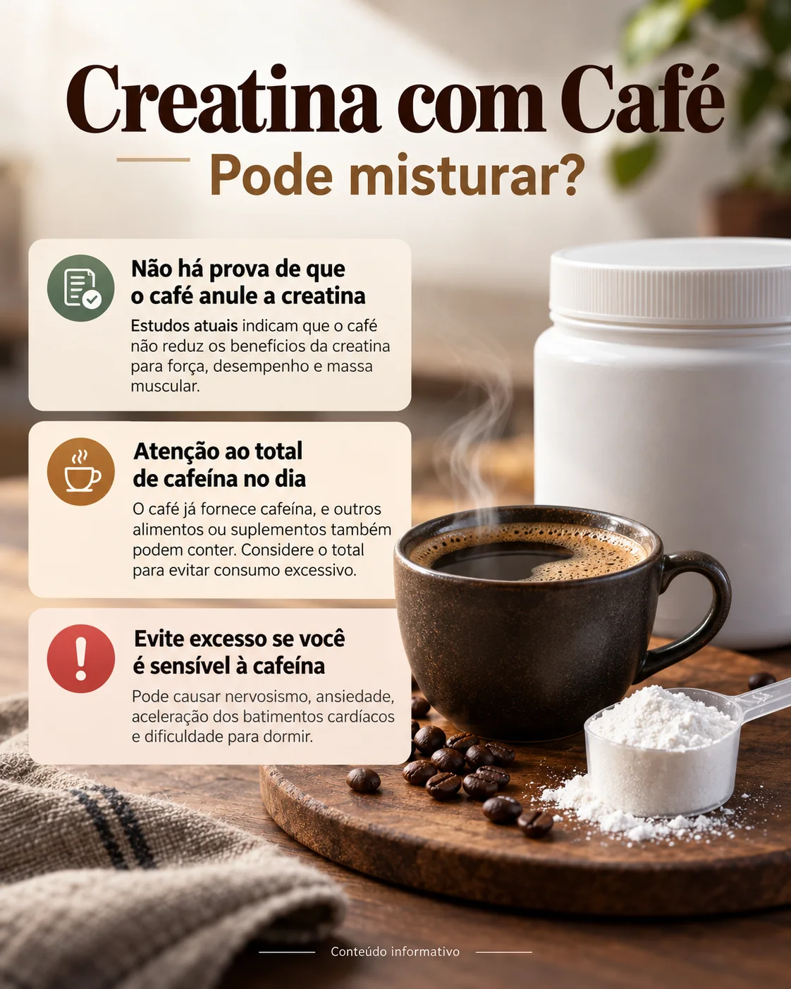 Infografico: creatina com cafe, evidencias cientificas e cuidados com cafeina