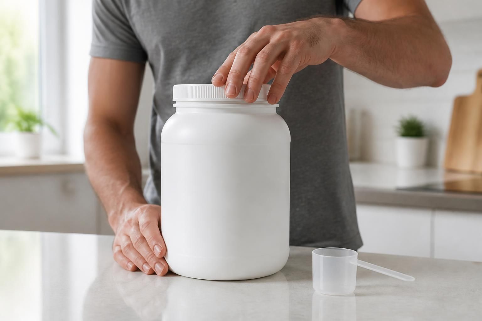 Pote genérico de whey e scoop seco em bancada para conferir conservação
