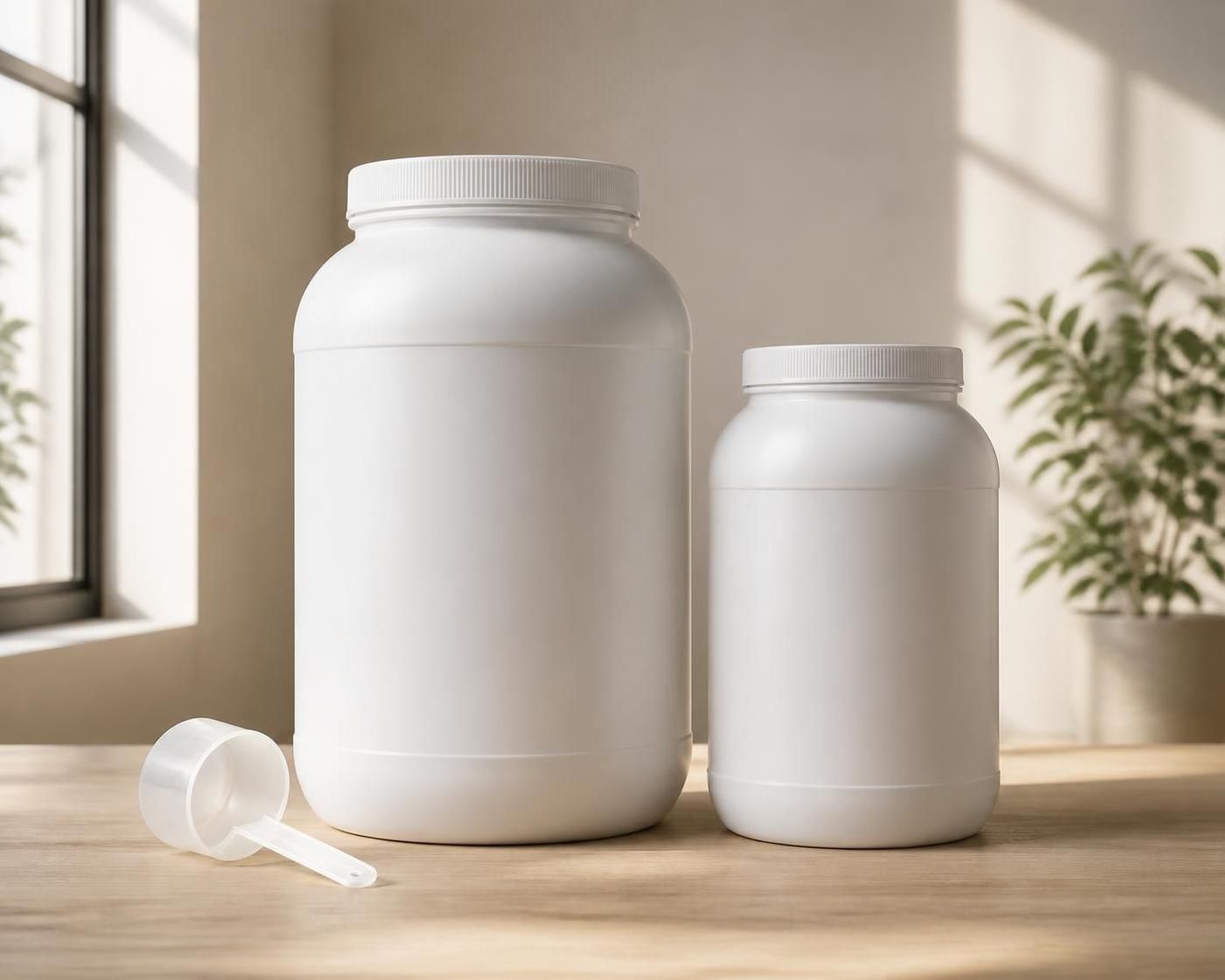 Dois potes genéricos de whey protein de tamanhos diferentes